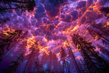 Fototapeta premium Enchanting forest canopy with vibrant cloudscape at dusk