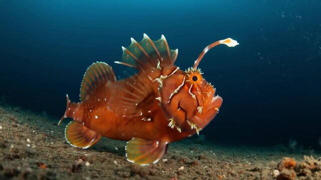 Striated Frogfish (Antennarius striatus) with distinctive lure swimming in the deep blue ocean