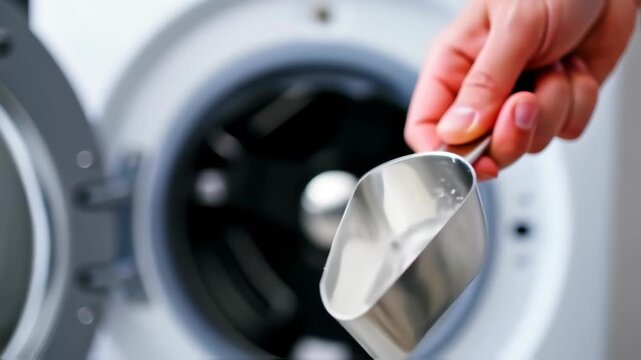 Laundry detergent being poured into a washing machine