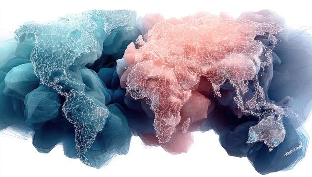 World map in abstract smoke, dotted lines