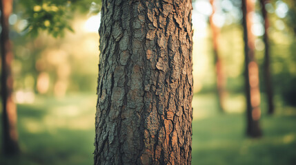 Fototapeta premium Close-up of a tree trunk in an open area, peaceful atmosphere, with a blurred natural forest background.