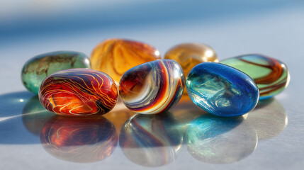 Close-up of colorful glass stones on a reflective surface, vibrant and shiny