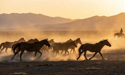 A group of wild horses gallops across a dusty landscape during sunset, with soft golden light illuminating the scene. Dust rises from their hooves as they move, set against a backdrop of rolling hills
