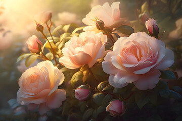 Fototapeta premium Lush Peach Roses in Full Bloom Under Soft Sunlight, Perfect for Capturing the Essence of Romance