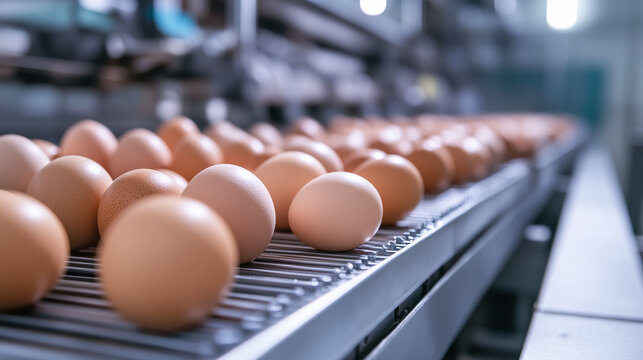 Conveyor belt for transporting and sorting fresh eggs, used in a factory setting, clean and efficient environment, industrial equipment.