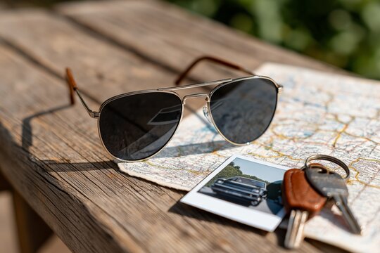 Fototapeta Aviator sunglasses on map with vintage car photo and keys on rustic table