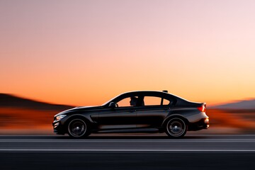 Sleek black sedan driving on highway at sunset with orange sky in background
