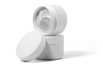 White plastic cosmetic jar for mockup isolated on white background. Selective Focus.