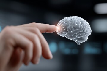 Human hand touching digital brain hologram in futuristic interface