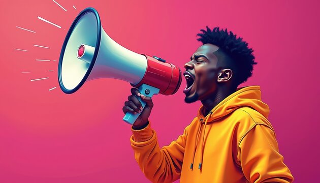 Young person shouts into megaphone, delivering powerful message for social change. Vibrant illustration captures youth activism, protest, and empowerment with dynamic colours and bold graphic style. - Powered by Adobe