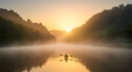 A tranquil scene of a person kayaking on a misty lake at sunrise, surrounded by mountains and serene atmosphere