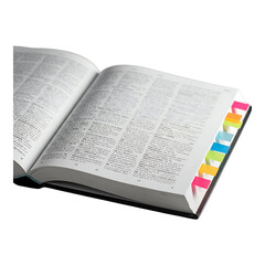 Fototapeta premium Open thick book with colorful sticky notes attached, isolated on white background, used for study preparation, research, or education