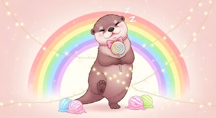 Adorable sleeping otter with lollipop surrounded by rainbow, lights and ice cream