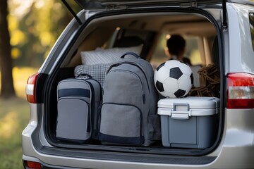 Packed car trunk with backpacks, soccer ball, and cooler for family road trip adventure