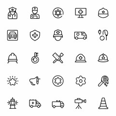 Fototapeta premium Emergency Services Vector Icon Set | Adjustable Line Weight | Police, doctor, firefighter, ambulance, siren, megaphone, rescue, stretcher, badge, helicopter, first aid icons