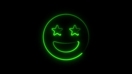 Glowing green neon smiley face with star eyes illuminated against a black background