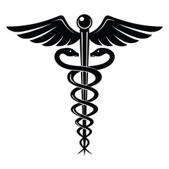 Black Caduceus Medical Symbol with Wings and Two Snakes on White healthcare medicine