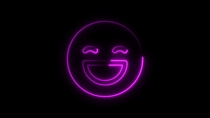 Vibrant neon smiling face glowing against a deep black background represents joy