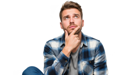 Thoughtful man with hand on chin looking upwards isolated on transparent background