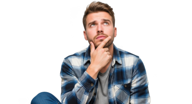 Thoughtful man with hand on chin looking upwards isolated on transparent background
