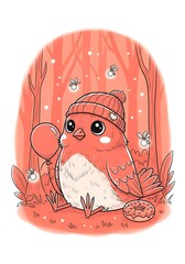 Cartoon bird in beanie hat with balloon and doughnut among magical forest fireflies