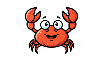 Cartoon vector icon of a smiling crab with claws raised, bold lines.