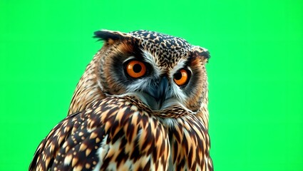 Fototapeta premium A close up of an owl with orange eyes and brown feathers against a bright green background studio shot