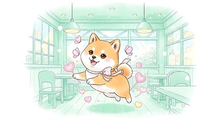 Cartoon Shiba Inu floating in a cafe with hearts and butterflies illustration
