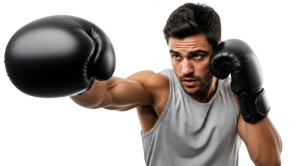 Focused male boxer throwing a powerful punch with black boxing gloves isolated on transparent background
