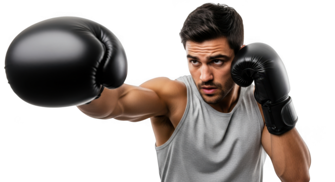 Focused male boxer throwing a powerful punch with black boxing gloves isolated on transparent background - Powered by Adobe