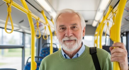 Senior man commuting on public transport bus holding onto handrail for safety and stability travel
