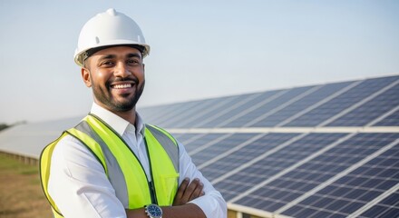 Solar panel engineer portrait: renewable energy expert, photovoltaic system installer, clean energy solutions provider