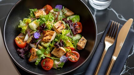 Fresh Mixed Salad with Grilled Chicken and Colorful Vegetables Served in a Black Bowl