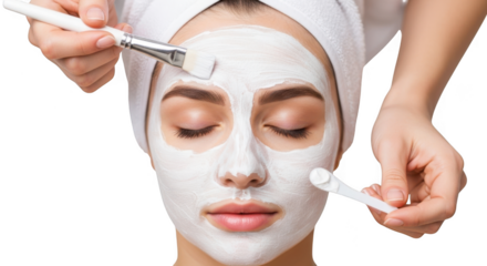 Woman receiving a white facial mask application with brushes isolated on transparent background