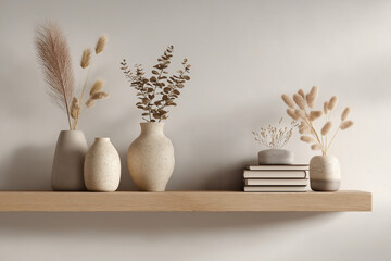 Minimalist shelf with ceramic vases, dried plants and stacked books