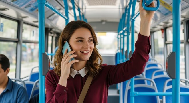 Woman talking on phone while commuting on public transport bus urban lifestyle travel concept image - Powered by Adobe