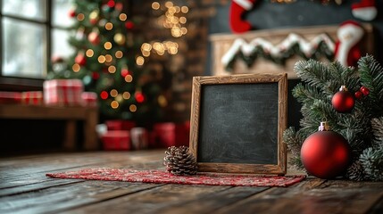 Rustic Christmas Scene with Blank Chalkboard