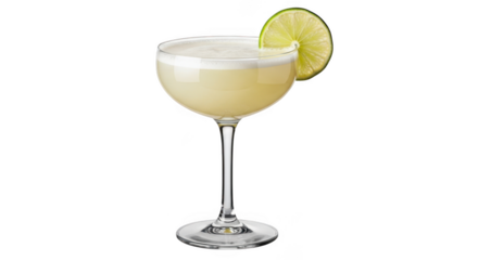 A refreshing yellow cocktail garnished with a citrus slice isolated on transparent background