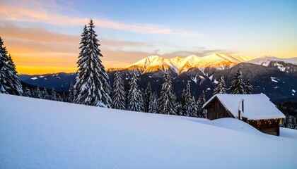 A serene winter landscape showcases a wooden cabin nestled amongst snow-covered pine trees at sunrise, with majestic mountains rising in the background.