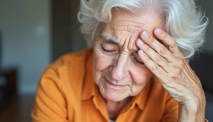 Fototapeta premium Elderly woman indoors clutches forehead in distress. Expression conveys anxiety, panic, stress, discomfort. Close-up shot focuses on face, showing signs of emotional struggle, loneliness, fatigue,