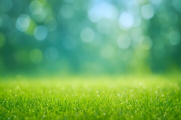 Obraz premium Soft focus green grass field with bokeh sunlight and trees