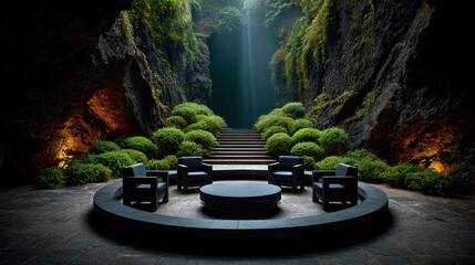Hyper-realistic animation symposium platform inside volcanic crater with arranged chairs