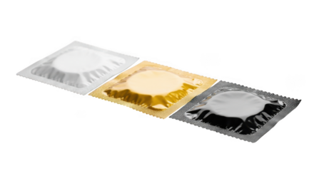 Three individually wrapped condoms in different colored foil packaging isolated on transparent background