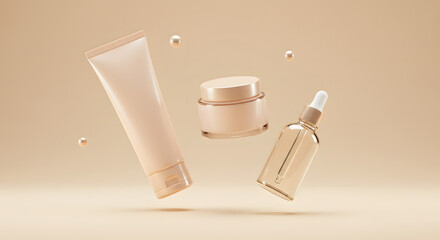 Cosmetic Product Mockup with Tube Jar and Dropper Bottle Floating on Beige Background