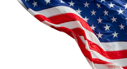 American flag waving in the wind isolated on white background, for copy space, for text