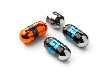 Four shiny capsules with blue and orange highlights on white background