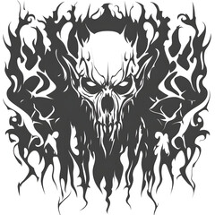 Abstract tribal tattoo design with symmetrical demonic skull and flame ornament shapes in black ink