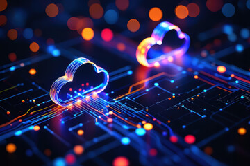 Glowing cloud icons on a digital circuit board with bokeh lights in the background creating a tech theme