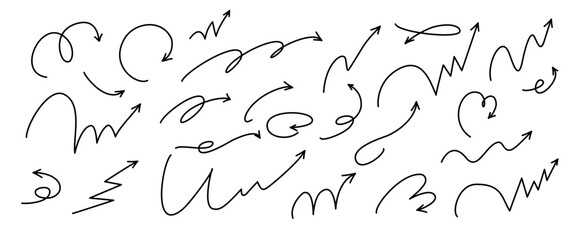 Motion bounce arrow set, hand drawn line design spiral. Expressive jump effect. Includes ball motion paths for sports. Vector illustration isolated