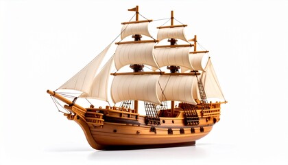Detailed wooden sailing ship model with three masts and white fabric sails, brown hull featuring cannons